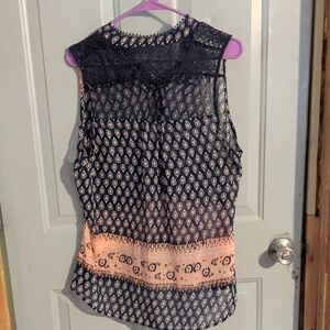 Vanity Navy and Peach Patterned Blouse